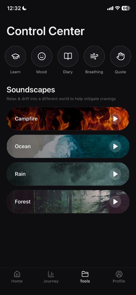 Cravio control center with soundscapes and wellness tools