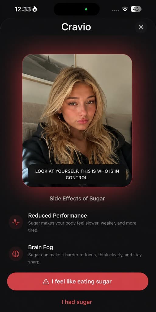 Cravio craving alarm screen with mirror moment and sugar side effects