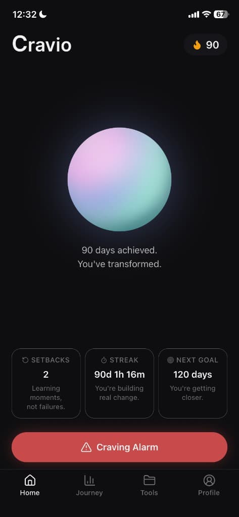 Cravio home screen showing streak, orb, and craving alarm