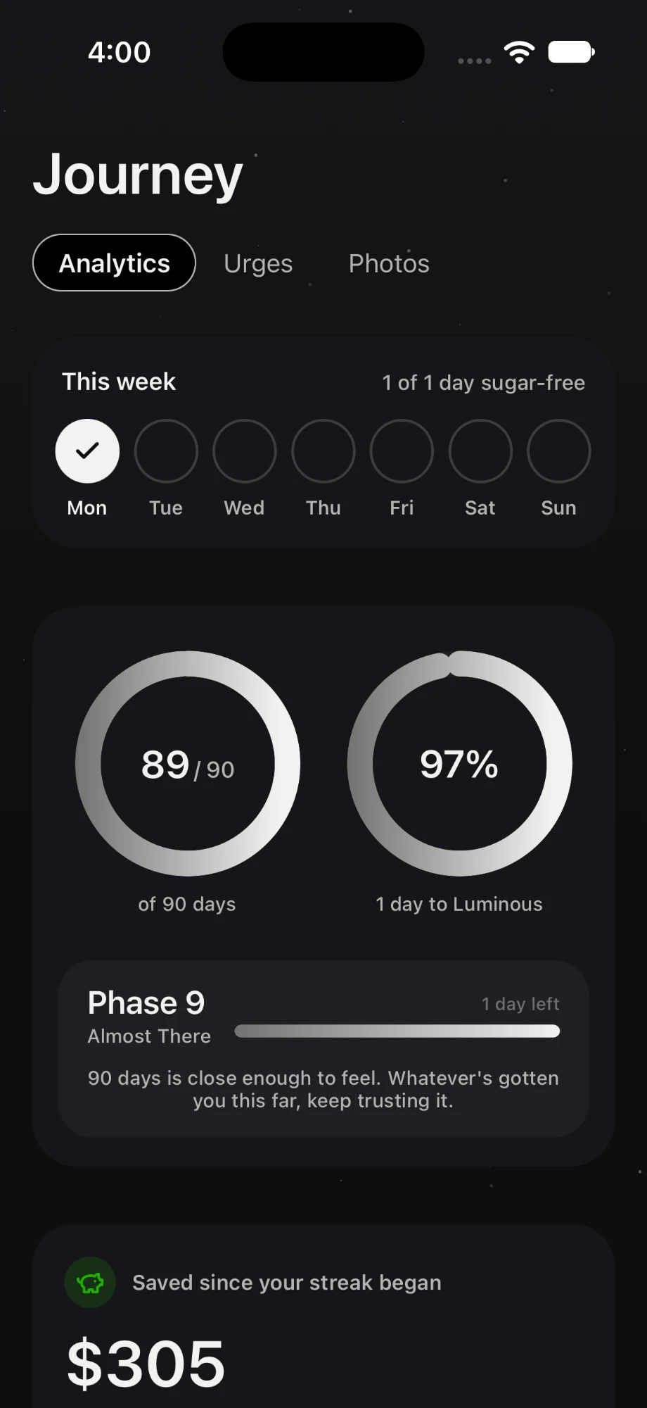 Cravio journey: this week, 89 of 90 days, phase 9 Almost There, and money saved since the streak began